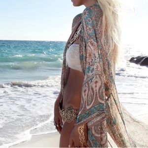 Sage Bohemian Chiffon Kimono Duster, Bikini Coverup